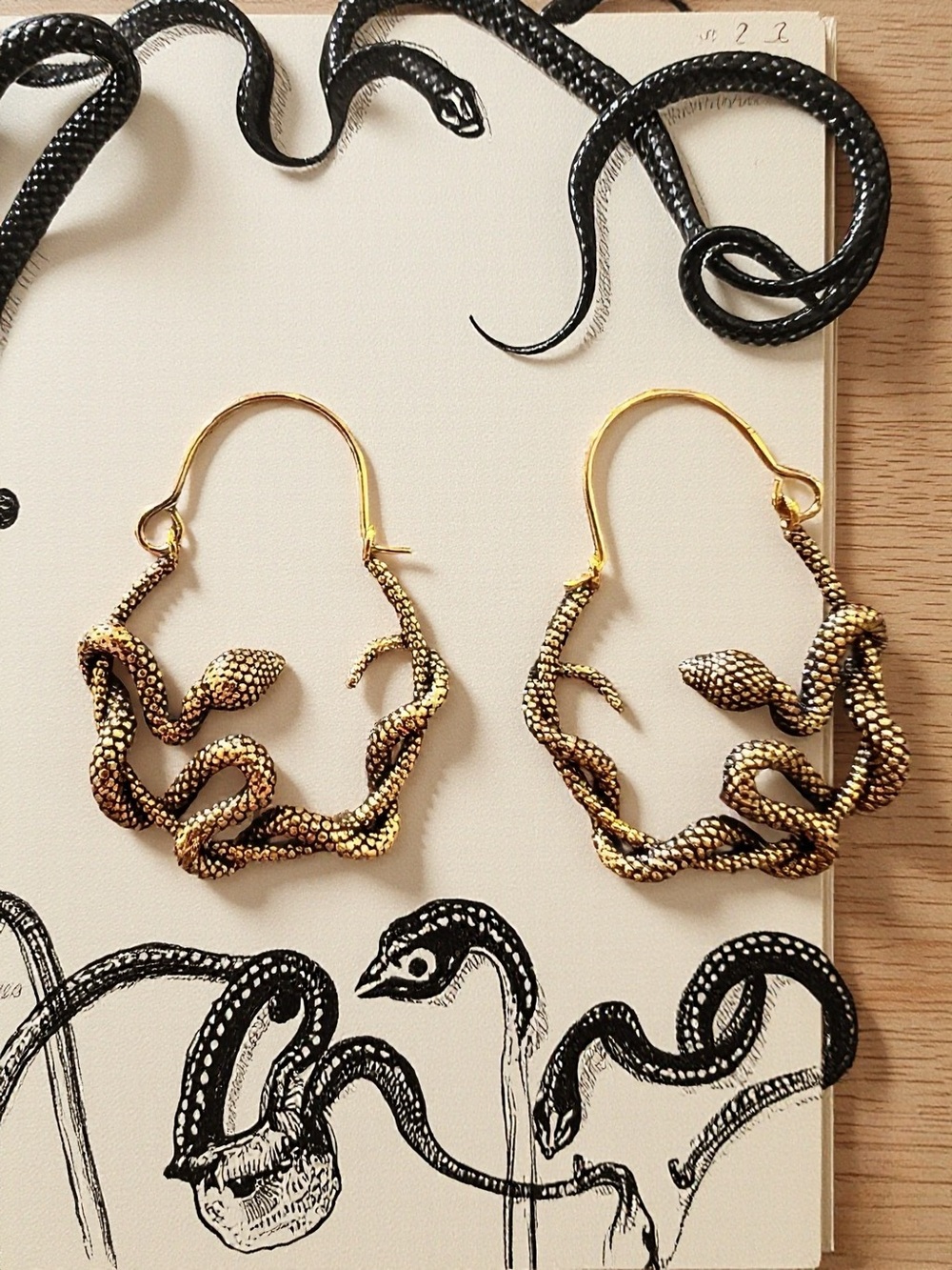 Antiqued Gold Snake Earrings - Unisex
